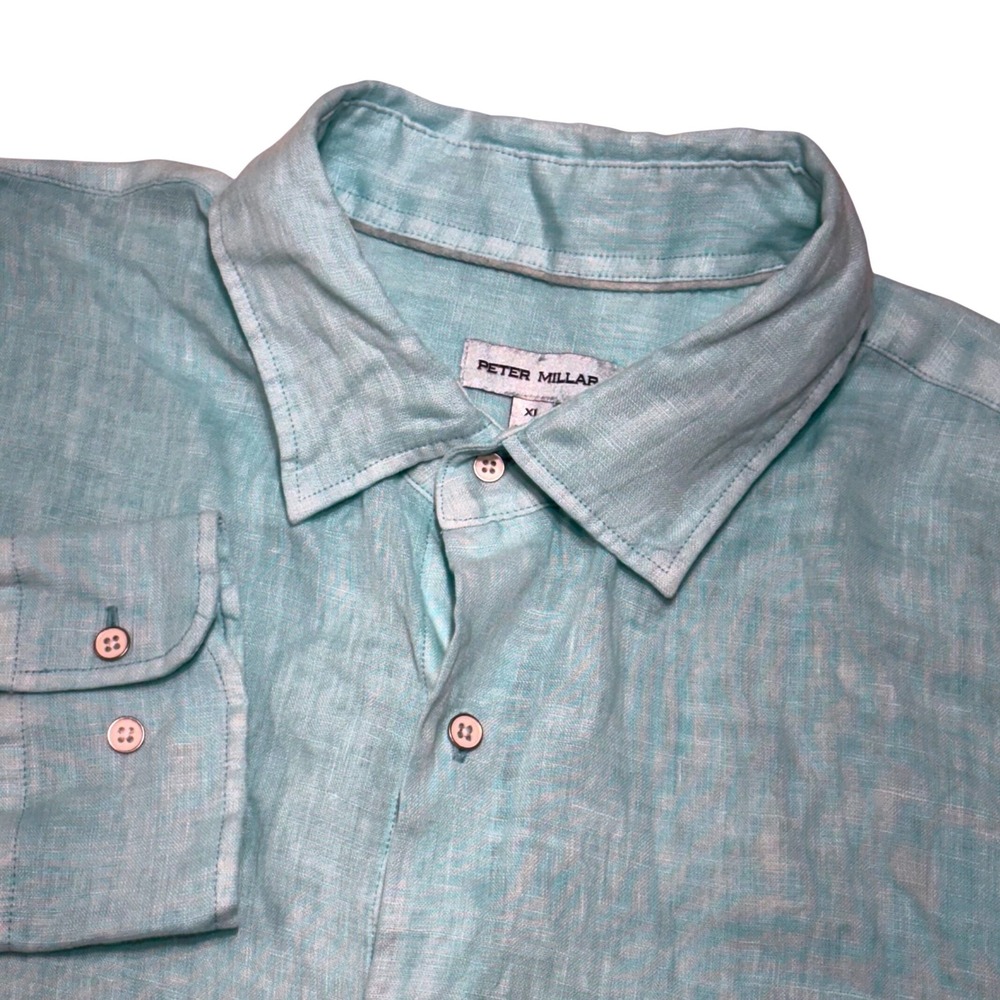 Peter Millar Linen Button Down Shirt Mens XL Aqua Mint Long Sleeve MS23W60LUF